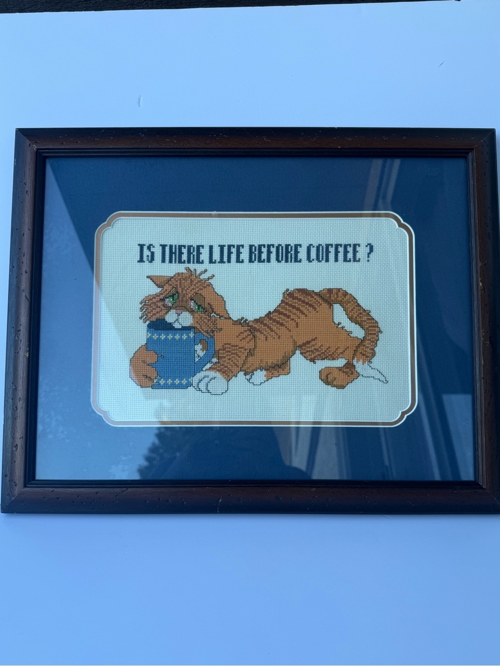 “Is There Life Before Coffee” Vintage  Cross Stitch Framed Wall Decor 1980s CAT